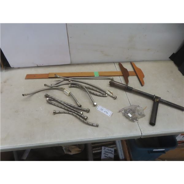 Box of Plumbing Hoses; 2 Staedtler Drafting T-Squares; Heavy Steel Upholstering Tool