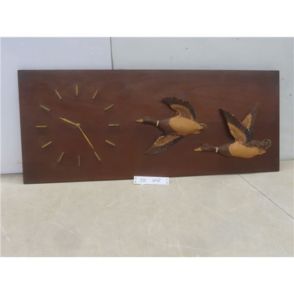 MCM Girotti Deluxe Clock and Sculpted Chalkware Geese in Flight on Mahogany, 33" × 13.5"