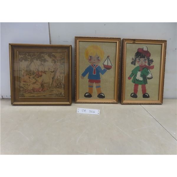Framed Victorian Tapestry and Pair of Framed 1940s Needlepoints of Girl and Boy – Largest 1
