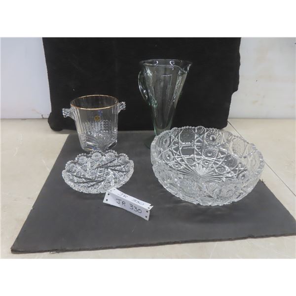 One Lot: Italian Crystal Ice Bucket; Glass Pitcher 10"H; 2 Antique Crystal Bowls