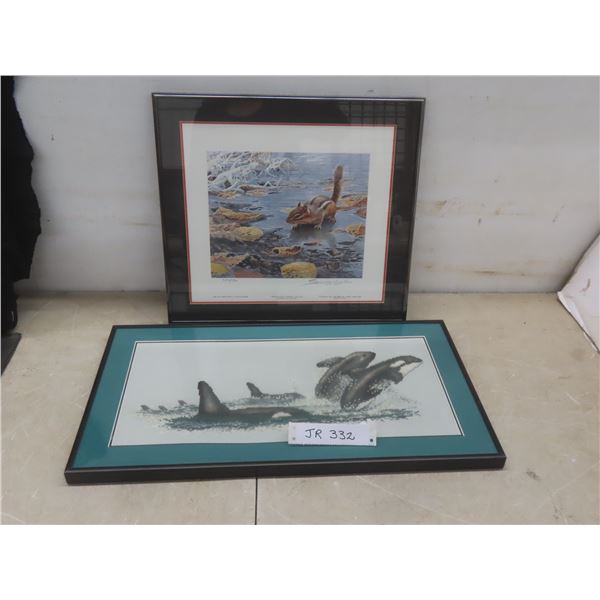 Framed Squirrel Print and Framed Orca Needlepoint – Largest 11" × 21"