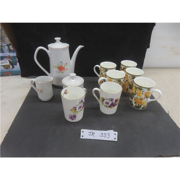 5-Piece China Floral Set: Mugs, Teapot, Cream and Sugar Bowl