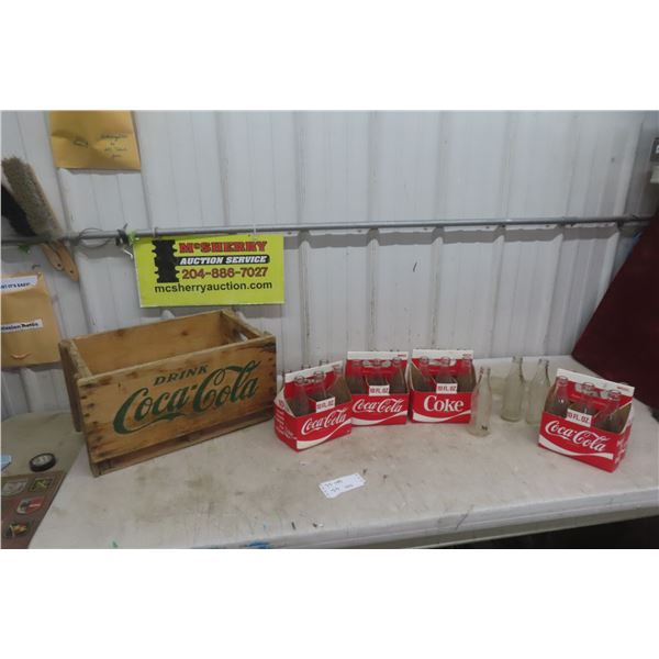 Wood Coke Case with (4) 6 Pack Carriers and 27 Coke Bottles 