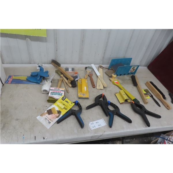 Spring Clamps, Wire Brush, Scrapers, Paint Brushes and 