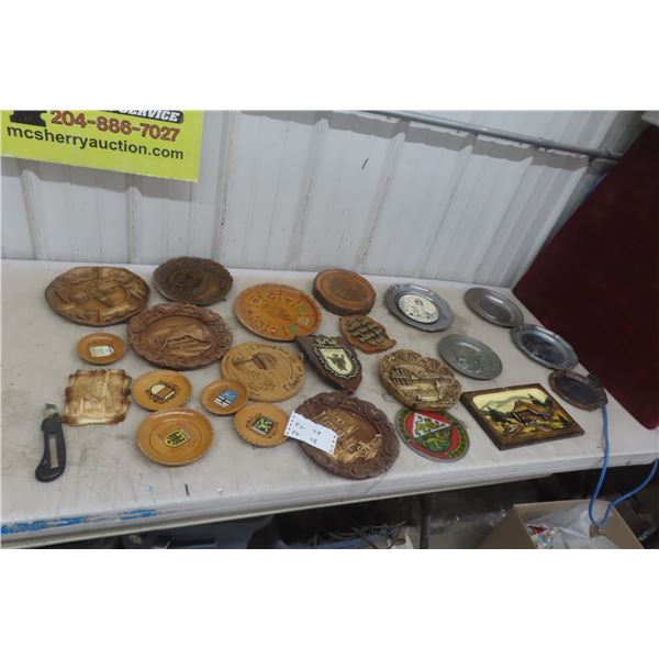 German Souvenier Plates, Wood Carved, Likely Pewter  