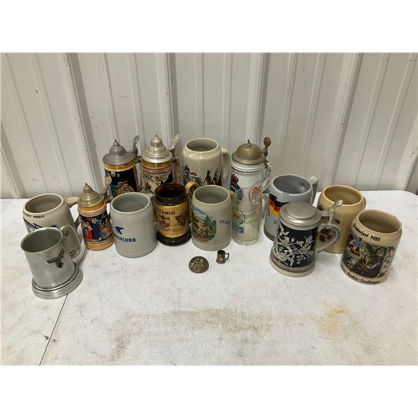 German Stoneware Steins and Mugs, a Few are Glass 