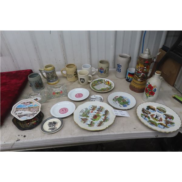 Stoneware Steins, Mugs, German Plates, Ashtray and More 