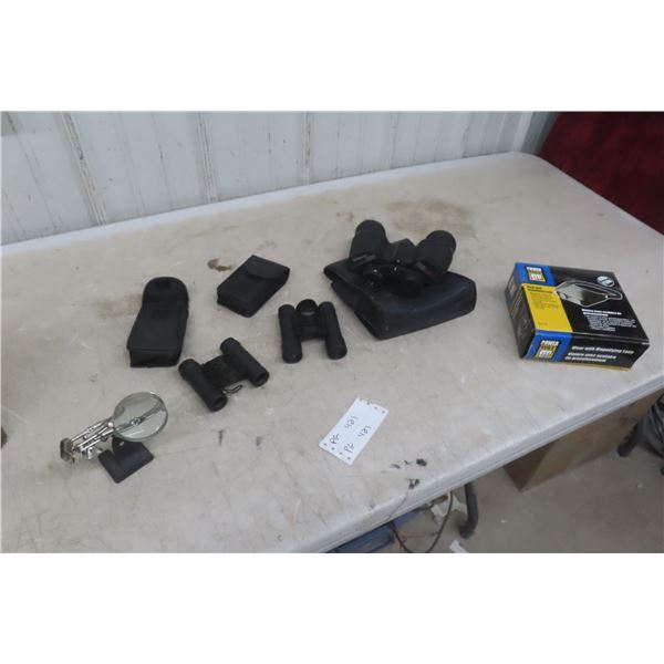 Visor with Magnified Lens, Tasco Binoculars 10x50, 2 Smaller Pairs 