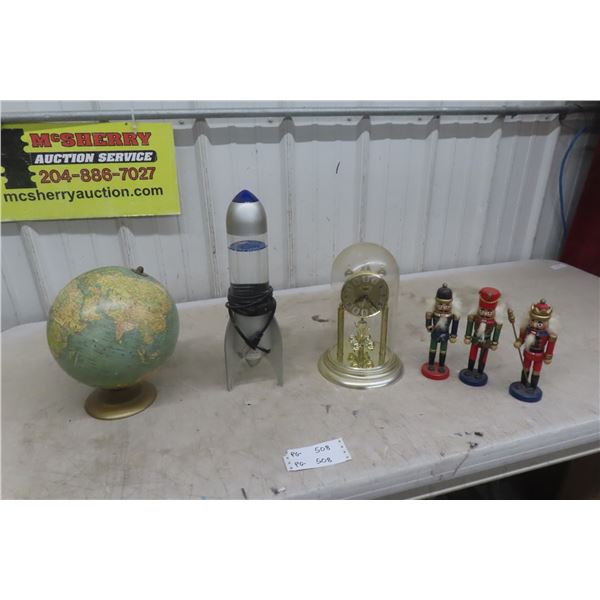 Globe, Lava Lamp, Anniversary Dome Clock, 3 Nut Crackers 