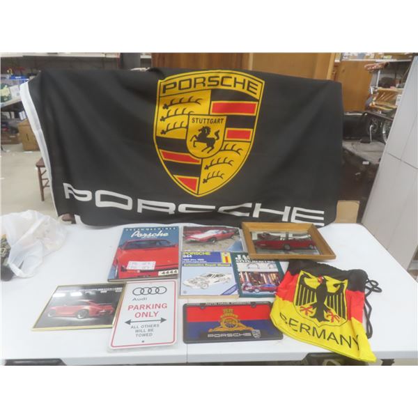 Porsche Flags, Books, and Framed Photos