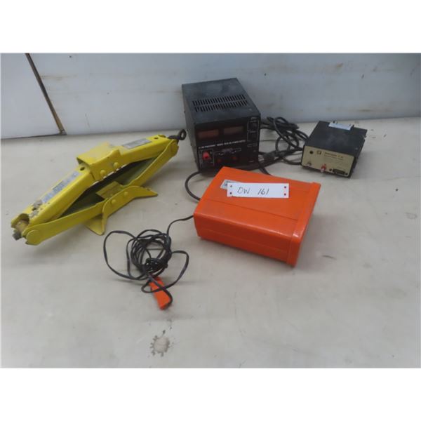 BK Precision Model 1670 Power Supply, Rostech 3A Power Supply, Air Compressor, and Scissor Jack