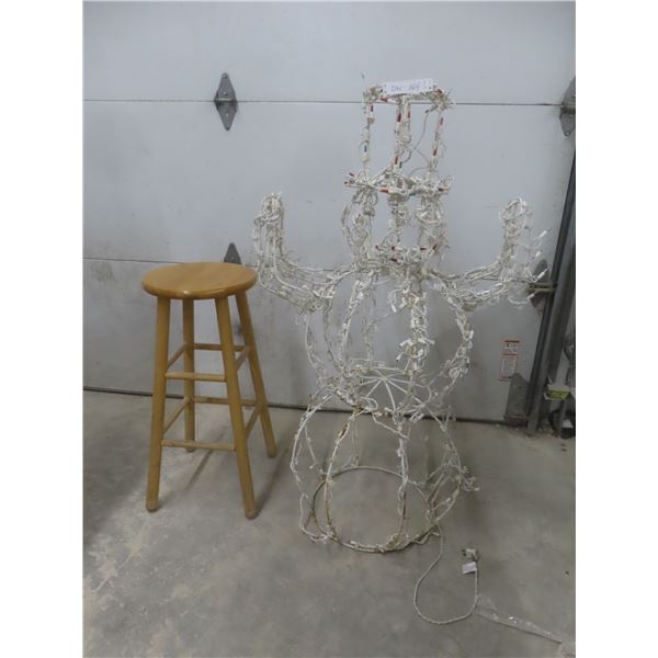 49" Light-Up Snowman and 29" Wood Stool