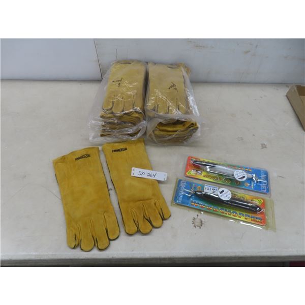 12 Pairs New Horizon Leather Work Gloves and 2 Muskie-Pike Wood Chopped Decal Lures, 6-3/4"