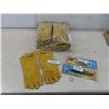 Image 1 : 12 Pairs New Horizon Leather Work Gloves and 2 Muskie-Pike Wood Chopped Decal Lures, 6-3/4"
