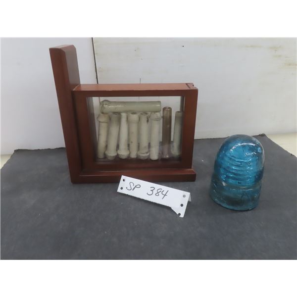 9 Antique Porcelain Knob and Tube Insulators in Case and 1880s Montreal Telegraph Insulator