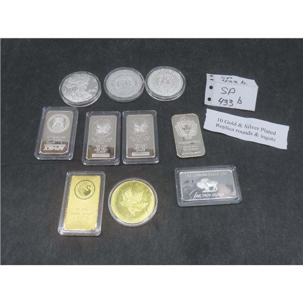 10 Gold and Silver Plated Replica Rounds and Ingots