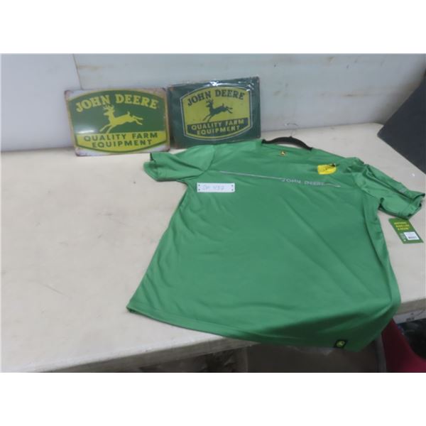 2 New John Deere Metal Signs, 8x12", and Medium Short-Sleeve Shirt w/ Tags