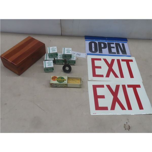 6 Bakelite Compass, 10x Tripod Magnifier, Wood Case, Gillette Razor Box Only, 3 Exit/Open Decals