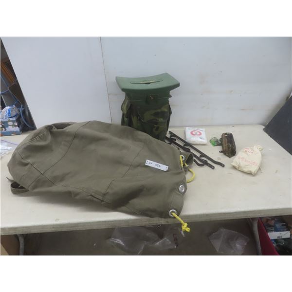 Canvas Duffle Bag, Camo Hunter Sock, Litter Lifter Hoist, New Door Bag and More