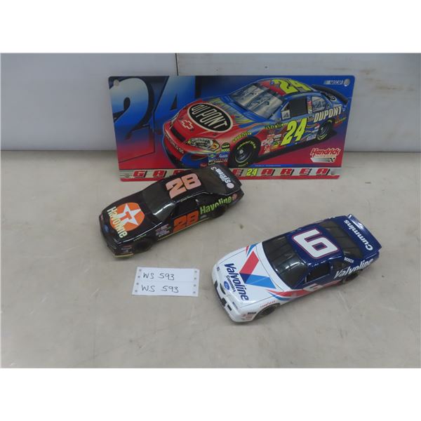 2 Nascar Die Cast Thunderbirds, 1/18 Scale, and Plastic Sign 8-1/2" x 19"