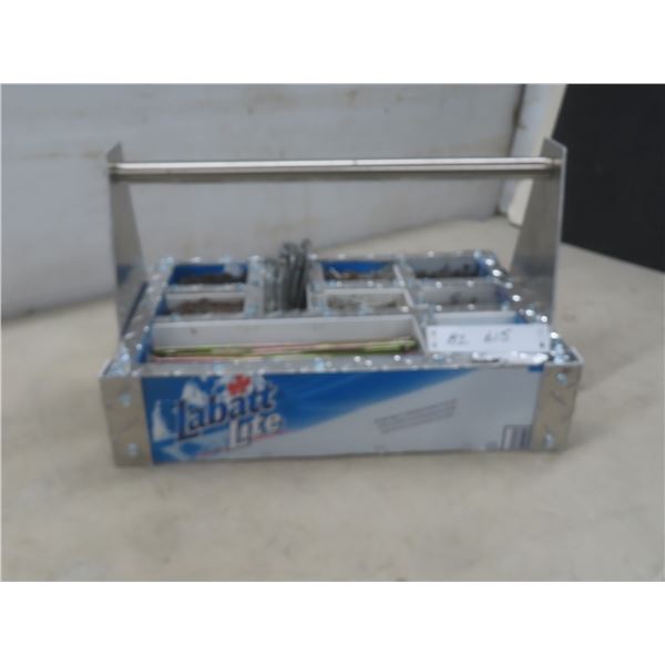 Checker Plate Style Fastener Holder, 10x6-1/2x11", Filled w/ Screws, Hinges, and Nails