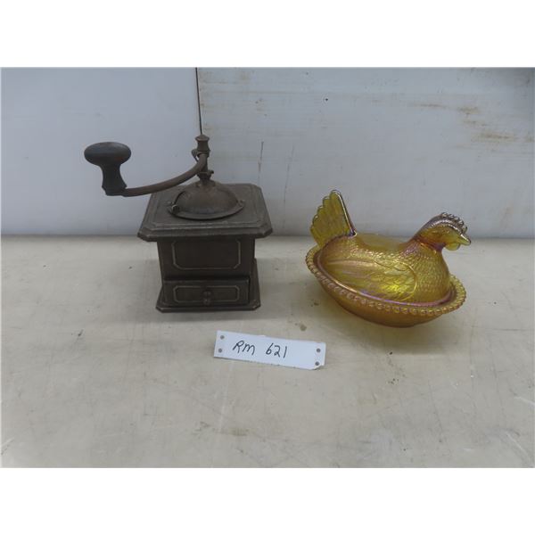 Vintage Coffee Grinder and Carnival Gold Glass Nesting Hen Dish
