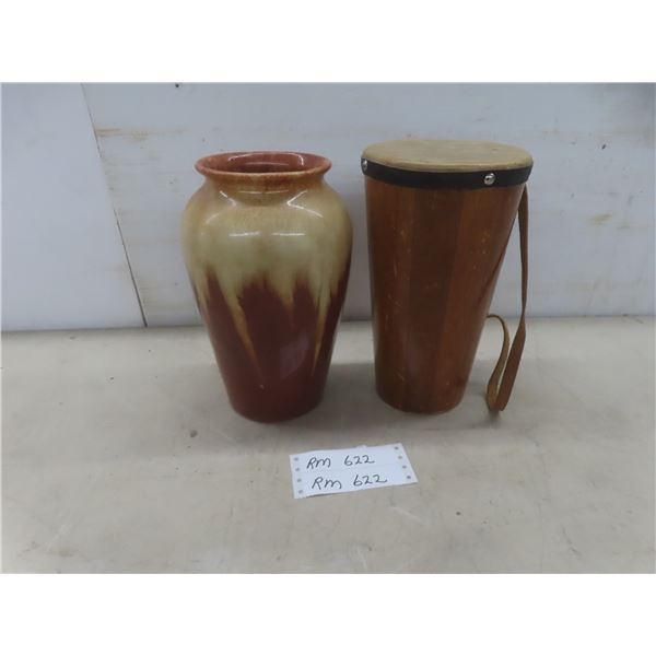 Vintage Medalta Vase, 10" Tall, and 10x6" Wooden Bongo Drum