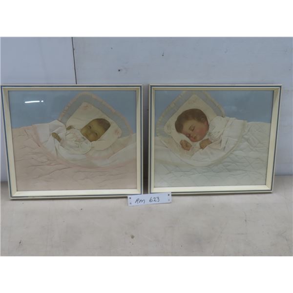 2 Vintage Raised Relief Framed Pictures w/ Baby Doll in Fabric and Human Hair, 11x13"