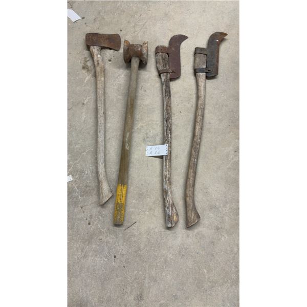 Antique 2 Brush Axes, Heavy-Duty Mallet w/ Wood Handle, and Axe