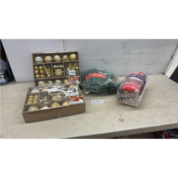 New Christmas Decor – Tree Ornaments, 50 ft Garland, Queen Quilt Set w/ 2 Pillow Shams