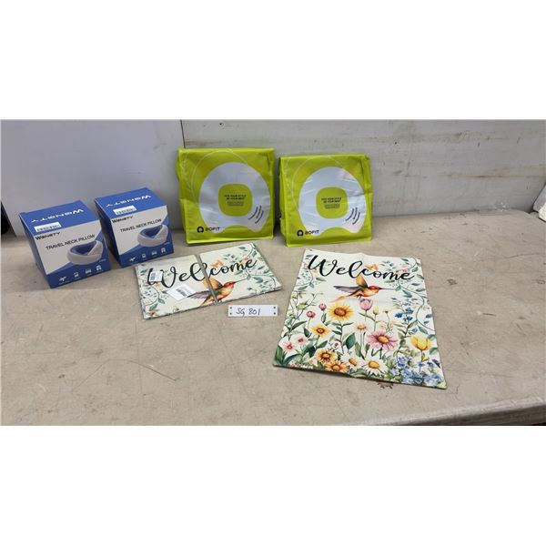 2 New AOFIT Braces, 2 Travel Neck Pillows, and 3 Spring Garden Flags, 12x18"