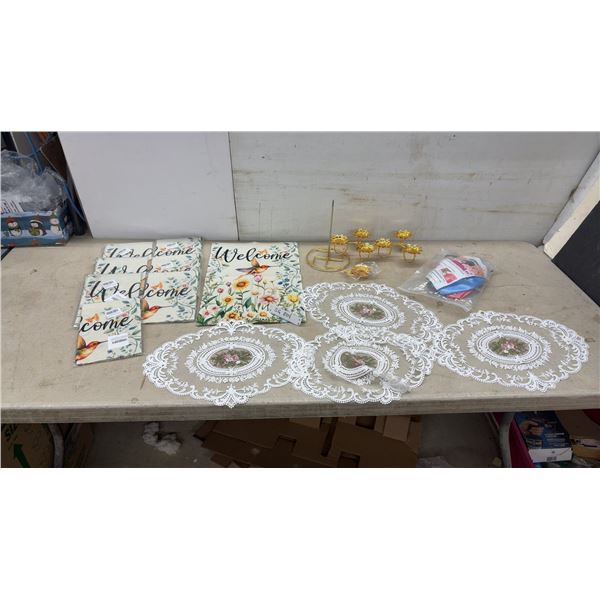 New 8 Spring Garden Flags 12x18", Candle Holder, Yoga Ball, 4 Lace/Embroidered Doilies 16x12"