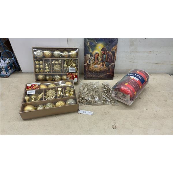 New Christmas Decor – Tree Ornaments, Religious Picture 16x12", Queen Quilt Set w/ 2 Shams