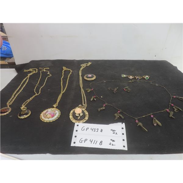 Vintage Necklaces, 2 Limage, Wrist Watch, Pill Holder, Shoe Necklace w/ Earrings, 4 Rings