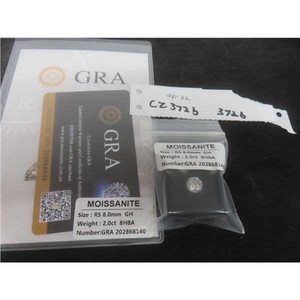 New 2.0ct Moissanite Lab Diamond, Round Brilliant Cut, GH-VVS1, GRA Report