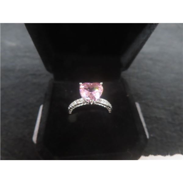 New Platinum Plated 3.0ct Heart Cut Pink CZ Ring, Size 8