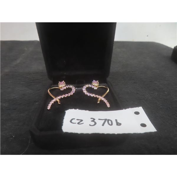 New 18K Gold Plated 1.0ct Emerald Cut Pink CZ Heart Dangle Earrings