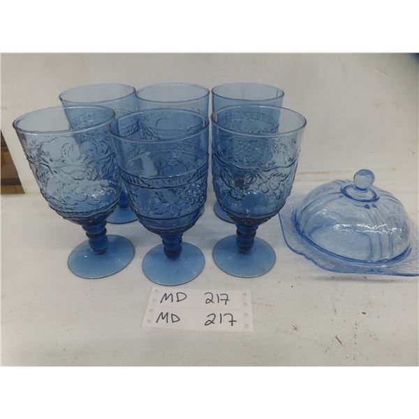Blue Glass Candy Bowl and Glasses
