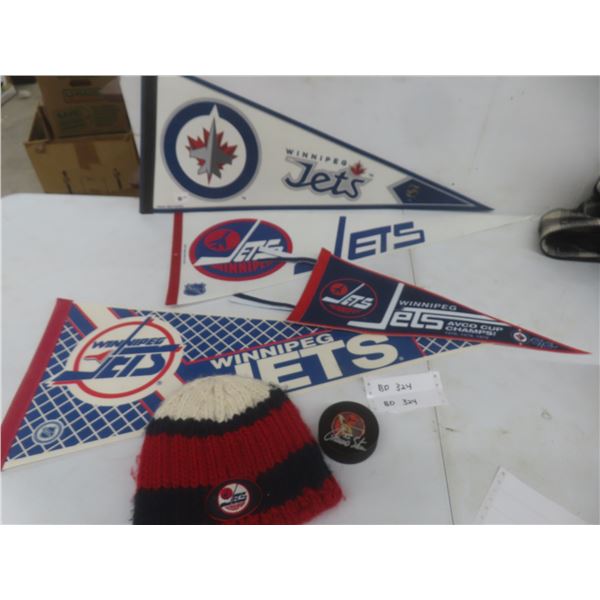 Vintage Winnipeg Jets Pennants, Thomas Steen Signed Game Puck, Toque, and More