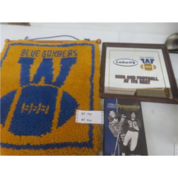 Vintage Winnipeg Blue Bombers Lot – Beer Mirror, Hook Rug Wall Hanging, Signed Gerry James Book