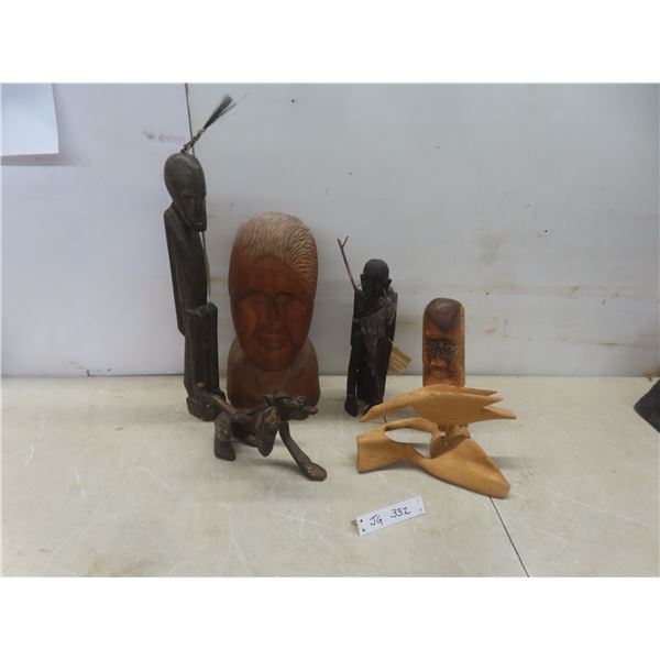 Box of Wooden Carvings Including Carved Head by LGP-Lourde, Tallest 19-1/2"