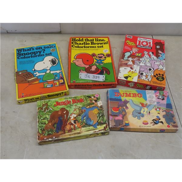 3 Colorforms – Snoopy, Charlie Brown, 101 Dalmatians, and 2 Walt Disney Stamp Sets