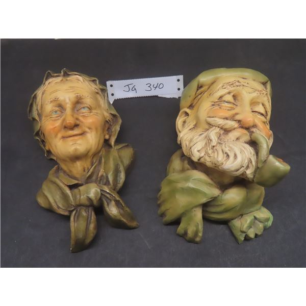 Vintage Devonware Chalkware Heads Wall Hanging – Grandma and Grandpa Figures, Nice Condition