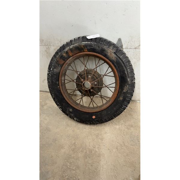 Vintage 1930s Truck Wire Spoke Wheel w/ Tire, 22" Rim, 33" Diameter