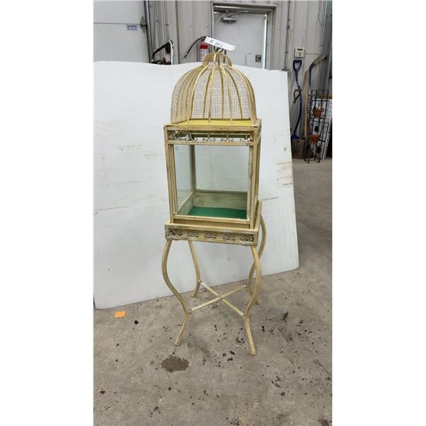 Vintage Metal Birdcage on Stand w/ Dome Top and Glass Terrarium, 49" x 16"