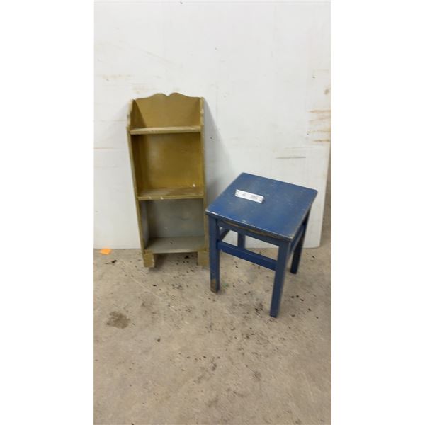 Painted Wooden 3-Tier Shelf Unit 30x12x6" and Blue Painted Wooden Stool 17-1/2x13x13"