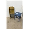 Image 1 : Painted Wooden 3-Tier Shelf Unit 30x12x6" and Blue Painted Wooden Stool 17-1/2x13x13"