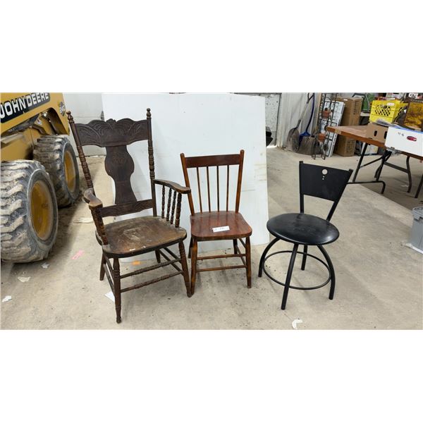 3 Chairs – Antique Carved Wood Armchair, Spindle Back Wood Chair, Metal Swivel Chair