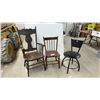 Image 1 : 3 Chairs – Antique Carved Wood Armchair, Spindle Back Wood Chair, Metal Swivel Chair