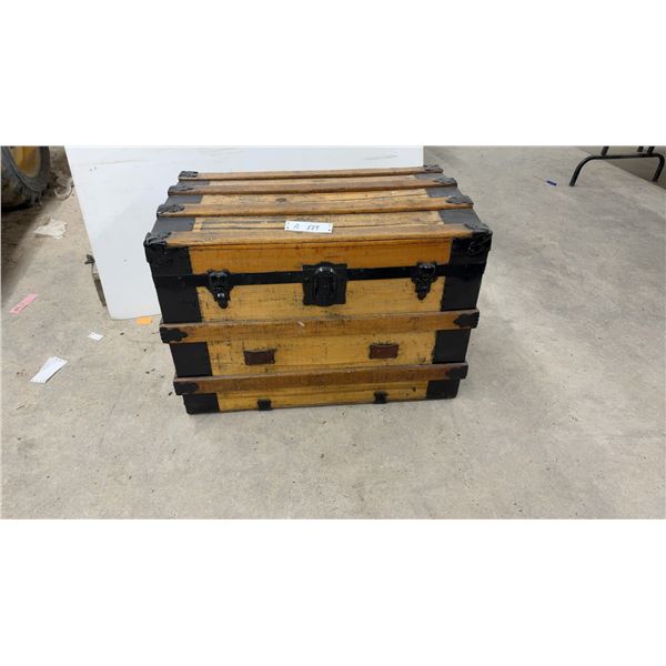 Antique Wooden Steamer Trunk w/ Black Metal Hardware and Latches, 21-1/2x30-1/2x20"